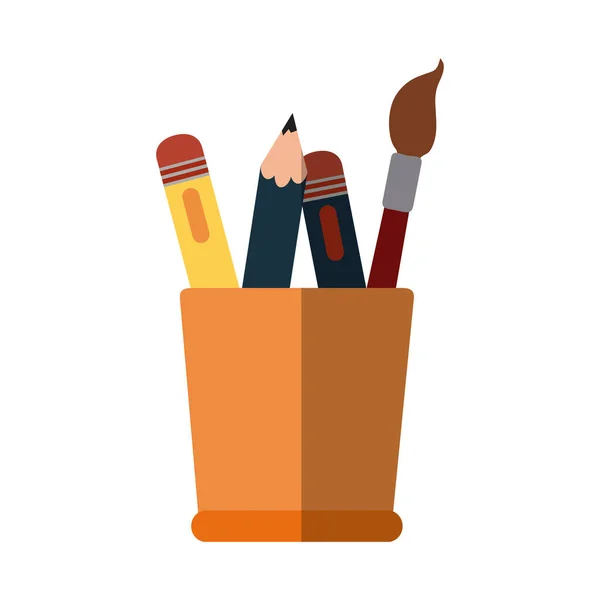 Iskolai oktatás ecset toll ceruza kellékek egy csésze lapos ikon árnyék — Stock Vector