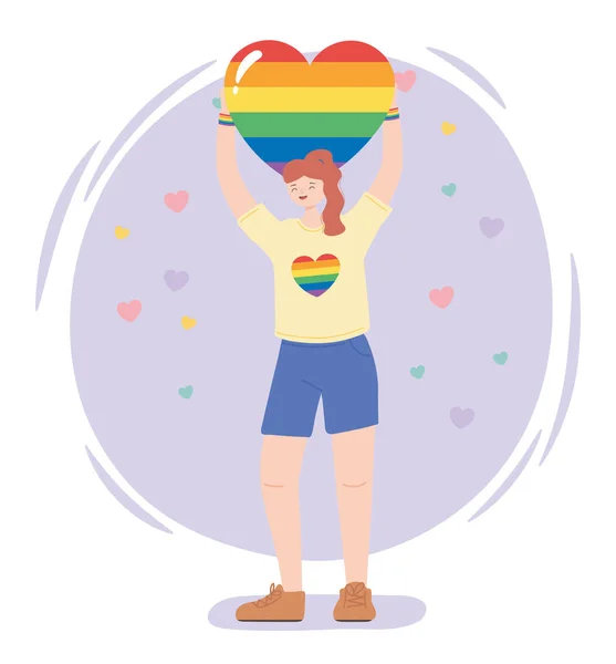 Comunidad LGBTQ, mujer joven sostiene el corazón del arco iris, desfile gay protesta por discriminación sexual — Archivo Imágenes Vectoriales