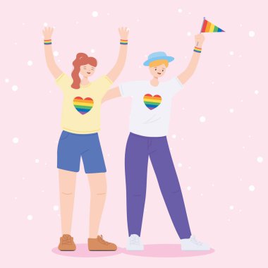 LGBTQ topluluğu, çizgi film kutlayan genç lezbiyen kadınlar, eşcinsel geçit töreni cinsel ayrımcılık protestosu