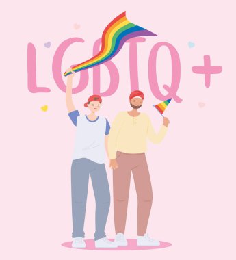 LGBTQ topluluğu, gökkuşağı bayraklı genç erkekler, eşcinsel geçit töreni cinsel ayrımcılık protestosu