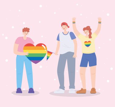 LGBTQ topluluğu, kalp bayrağı gökkuşağı taşıyan gençleri kutluyor, eşcinsel cinsel ayrımcılığı protesto ediyor.
