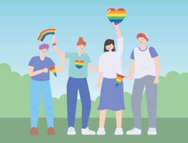LGBTQ topluluğu, gökkuşağı bayrakları ve kalbi olan çeşitli grup insanları, eşcinsel geçit töreni cinsel ayrımcılığı protestosu