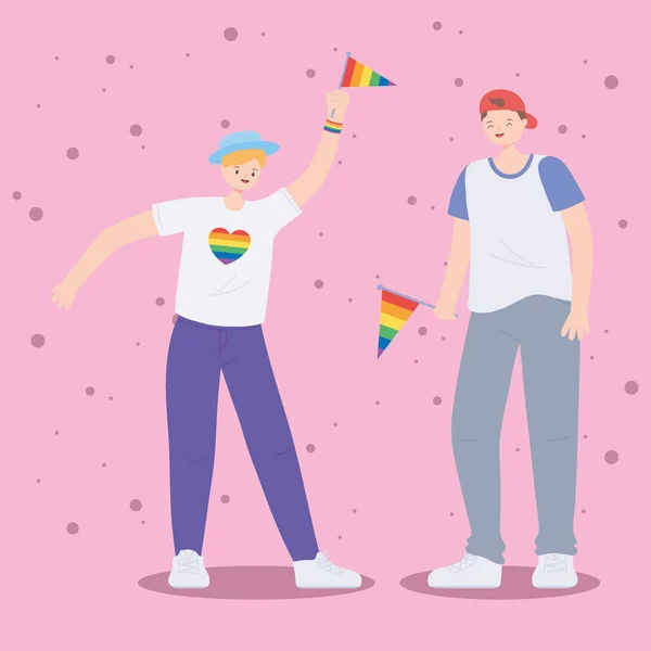 LMBTQ közösség, fiatal férfiak szivárvány zászlóval, meleg felvonulás szexuális diszkrimináció tiltakozás — Stock Vector