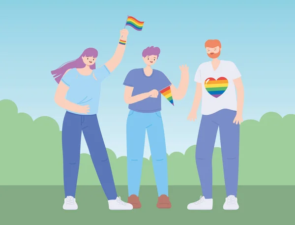 ЛГБТК-сообщество, счастливые группы людей с радужными флагами, гей-парад сексуальной дискриминации — стоковый вектор