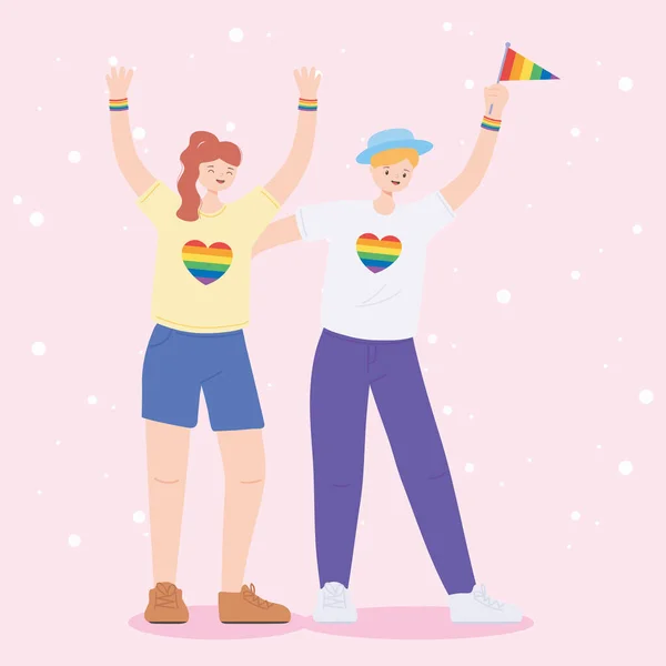 Comunidad LGBTQ, jóvenes lesbianas celebrando dibujos animados, desfile gay protesta por discriminación sexual — Archivo Imágenes Vectoriales