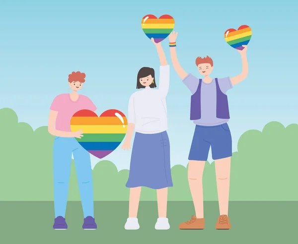 LGBTQ komunita, různorodá skupina s duhovými srdci, gay průvod protest proti sexuální diskriminaci — Stockový vektor