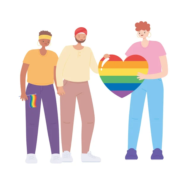 LGBTQ社区，人们持着一颗硕大的彩虹之心，举行同性恋游行，反对性别歧视 — 图库矢量图片