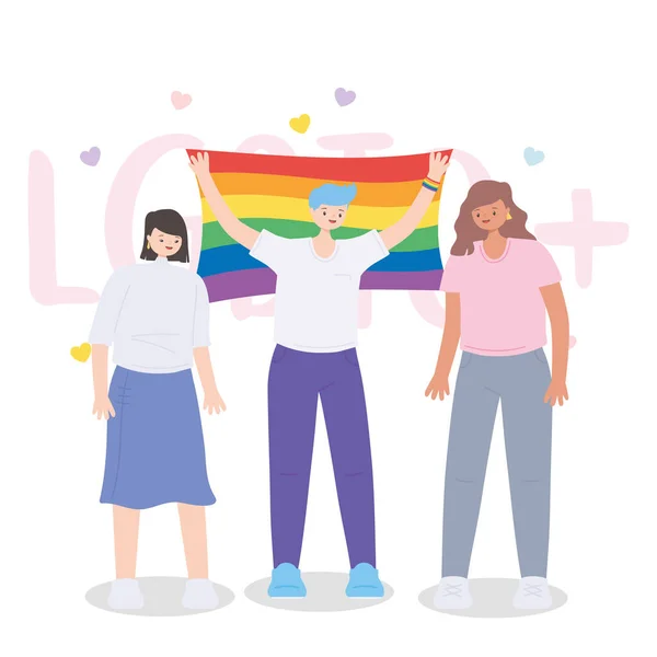 LMBTQ közösség, szivárvány zászlóval rendelkező emberek, meleg felvonulás szexuális diszkrimináció elleni tiltakozás — Stock Vector