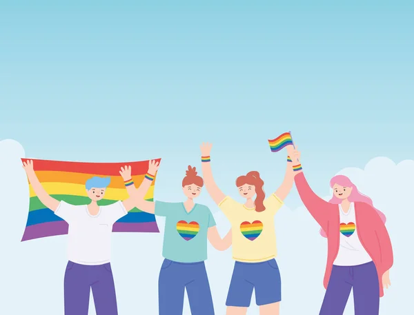 LMBTQ közösség, boldog csoport emberek tolerancia ünneplés, meleg felvonulás szexuális diszkrimináció tiltakozás — Stock Vector