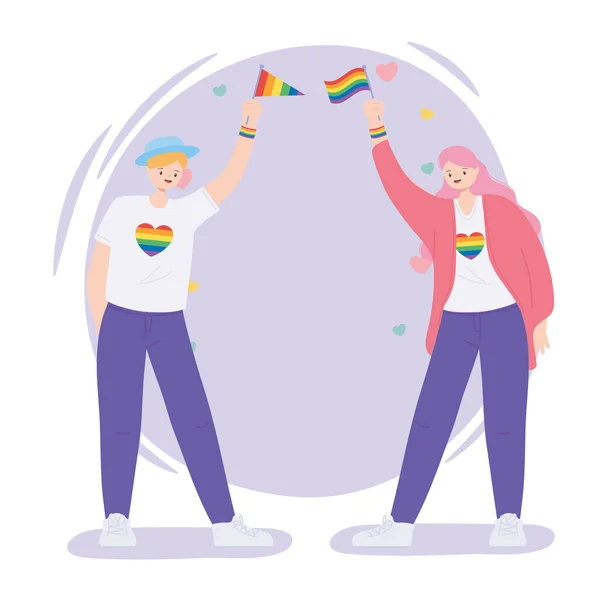 LMBTQ közösség, fiatal nők szivárvány zászlókkal és szívekkel szerelem, meleg felvonulás szexuális diszkrimináció tiltakozás — Stock Vector