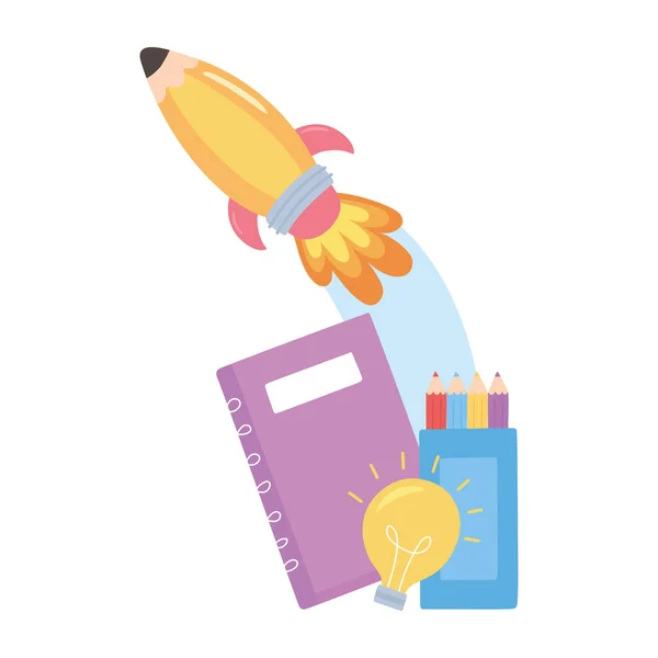 Terug naar school, raket notebook kleurpotloden creativiteit onderwijs cartoon — Stockvector