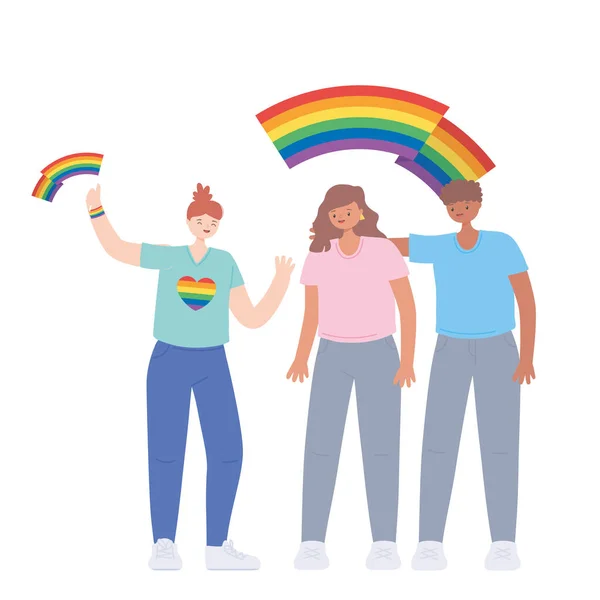 Emberek kezében szivárvány lgbtq zászló, meleg felvonulás szexuális diszkrimináció tiltakozás — Stock Vector