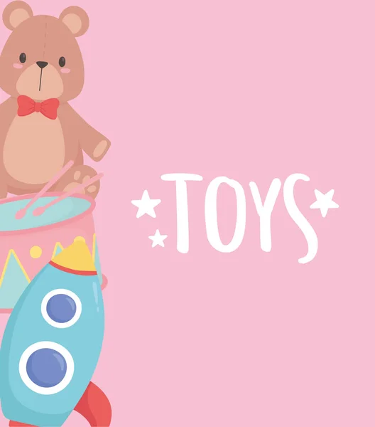 Enfants jouets objet amusant dessin animé tambour fusée et ours en peluche — Image vectorielle