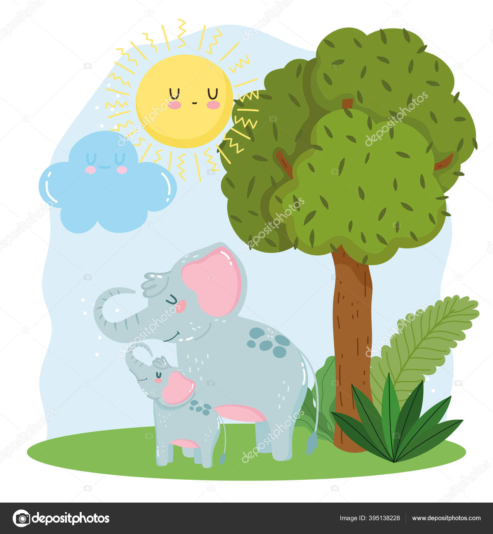 Maman Mignonne Et Bebe Elephants Herbe Nature Sauvage Dessin Anime Image Vectorielle Stockgiu C