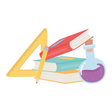 Okula, kitaplara, cetvel kalem laboratuarına şişe eğitimi çizgi filmine.