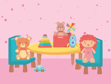 Çocuk oyuncakları komik masa sandalyelerine oyuncak bebek kutusu roketleri ve arabalarıyla itiraz ederler.