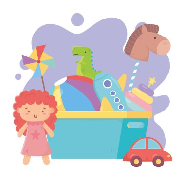 Çocuklar oyuncaklar komik çizgi film kovasına itiraz eder. Tam top topu, dinozor bebeği ve araba.