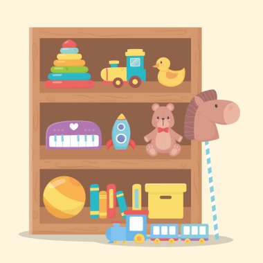Çocuklar oyuncak, roket ayı top kitaplarından ördek, çizgi film nesneleri, ahşap raflar.