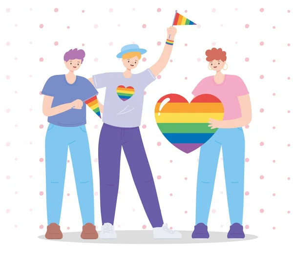 LMBTQ közösség, homoszexuális emberek zászlóval és szívvel szivárvány, meleg felvonulás szexuális diszkrimináció tiltakozás — Stock Vector