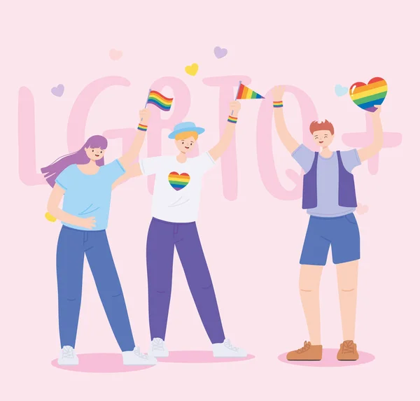 LGBTQ gemeenschap, jongeren met vlaggen en hartverwarmende regenboog, gay parade seksuele discriminatie protest — Stockvector