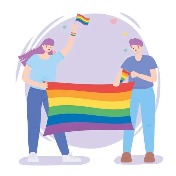 LMBTQ közösség, boldog férfi és nő szivárvány zászlóval ünneplés, meleg felvonulás szexuális diszkrimináció tiltakozás — Stock Vector