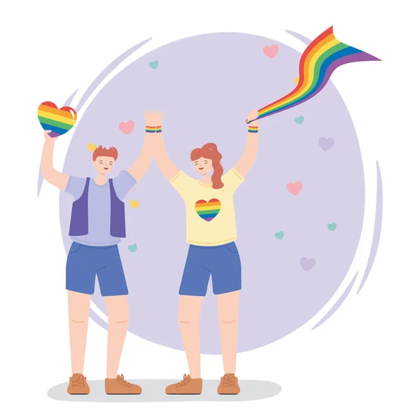LMBTQ közösség, boldog férfi és nő szivárvány zászlókkal, meleg felvonulás szexuális diszkrimináció tiltakozás — Stock Vector