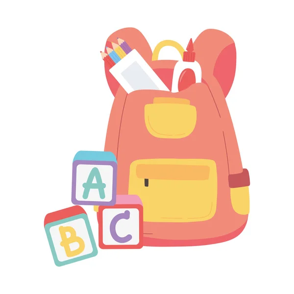 Powrót do szkoły, plecak klej ołówki blokuje kreskówki edukacji alfabetu — Wektor stockowy