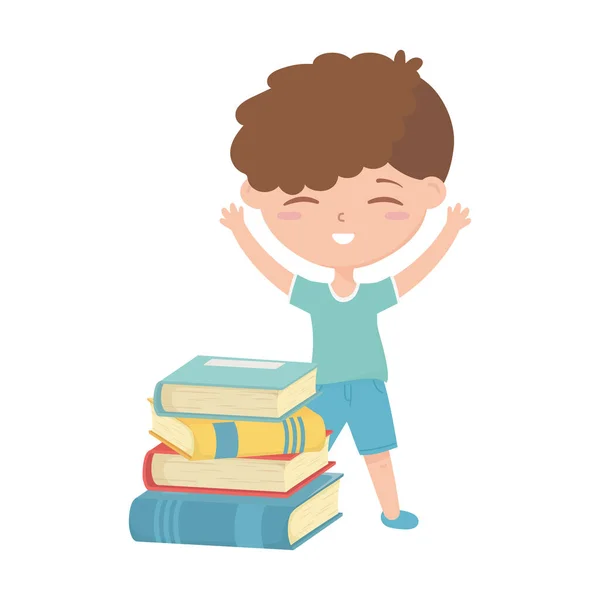 Back to school, student boy with stack of books education cartoon — Stock Vector