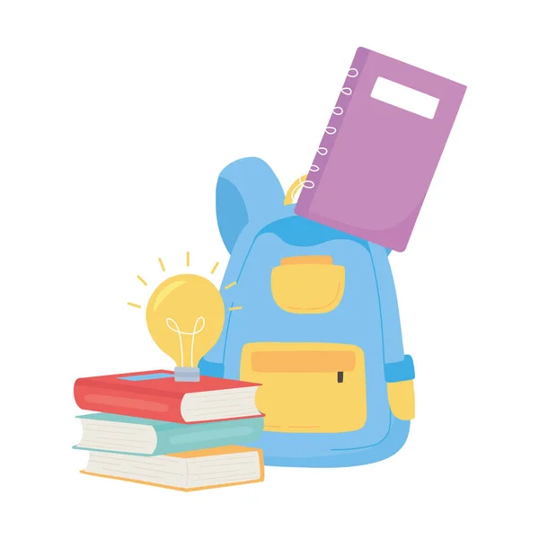 Voltar para a escola, livros de mochilas e desenhos animados de educação notebook — Vetor de Stock