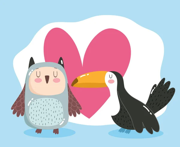 Niedliches Tier entzückende kleine Eule und Tukan-Vögel Herz Cartoon — Stockvektor
