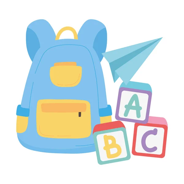 Powrót do szkoły, plecak bloki alfabetu i papier samolot edukacji kreskówki — Wektor stockowy