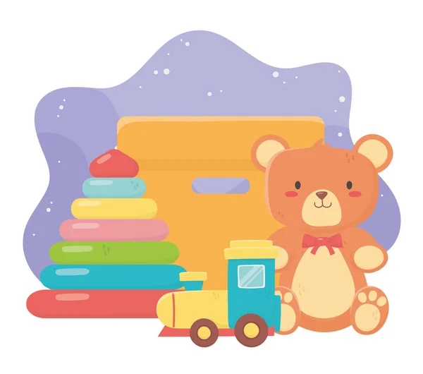 Mainan anak-anak objek lucu kartun teddy bear piramida kereta api dan kotak kardus - Stok Vektor