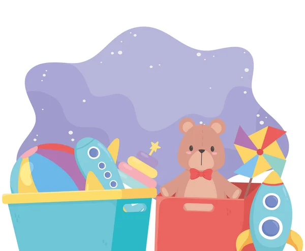 Kids toys box and bucket with bear ball pinwheel plane rocket object amusing cartoon — Stock Vector