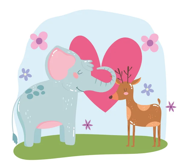 Animales lindos elefante y reno flores corazones amor adorable dibujos animados salvaje — Vector de stock