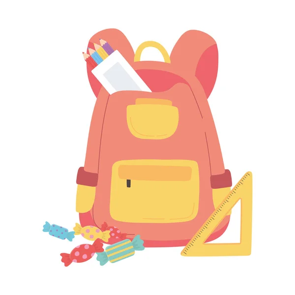 Powrót do szkoły, plecak linijka ołówki cukierki edukacja kreskówka — Wektor stockowy