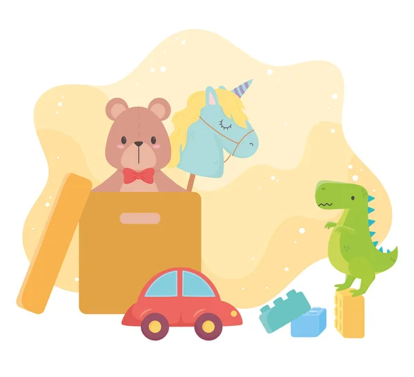 Παιδιά παιχνίδια αντικείμενο διασκεδαστικό κινούμενο σχέδιο αρκούδα unicor σε κουτί και αυτοκίνητο μπλοκ δεινόσαυρος — Διανυσματικό Αρχείο