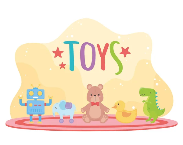 Niños juguetes objeto divertido dibujos animados oso de peluche pato dinosaurio robot elefante en la alfombra — Archivo Imágenes Vectoriales