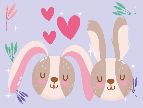 Милі мультяшні тварини кролики стикаються з серцями любовне листя чарівне мало — стоковий вектор