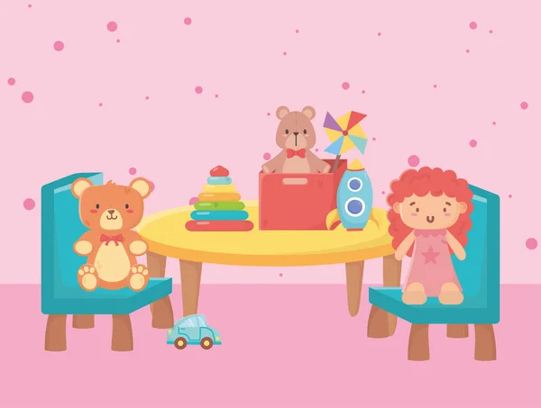 Детские игрушки объект забавный мультяшный стол стулья с медвежьей куклой коробка ракета и автомобиль — стоковый вектор
