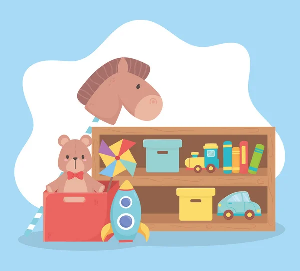 Дитячі іграшки об'єкт забавний мультяшний дерев'яний шельф кінь ведмідь ракетний автомобіль книги і поїзд — стоковий вектор