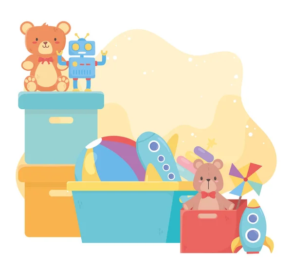 Caixas e balde com muitos brinquedos para crianças dos desenhos animados —  Vetores de Stock