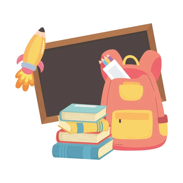 Назад в школу, рюкзак доска книги и цветные карандаши образования мультфильм — стоковый вектор