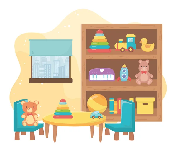 Kids toys room shelf table object entertainment cartoon — Stock Vector