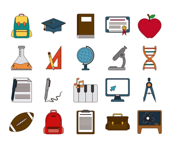 Educação escolar elementos de conhecimento ícones planas conjunto com sombra — Vetor de Stock