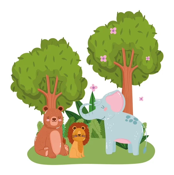 可爱的动物大象狮子熊草木森林自然漫画书 — 图库矢量图片
