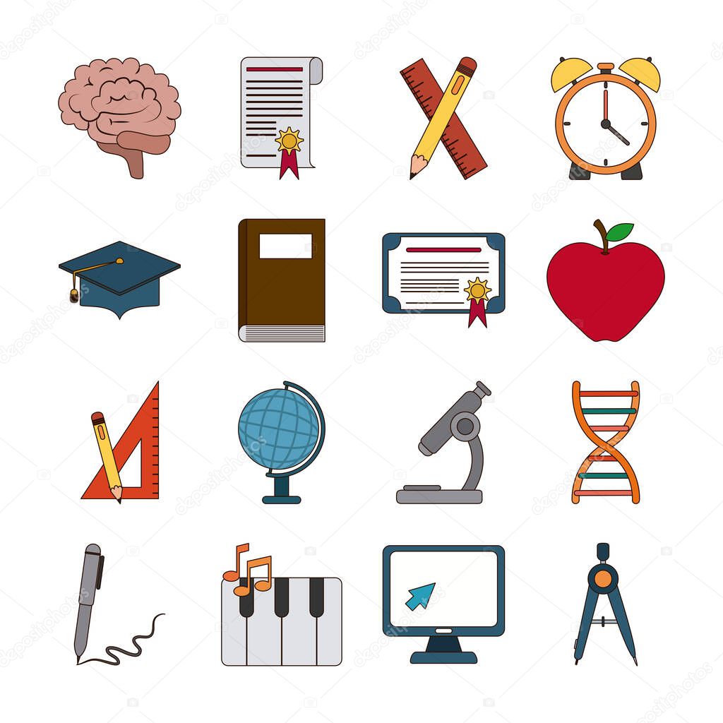school education knowledge elements flat icons set with shadow