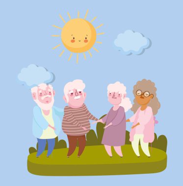 Büyükanne ve büyükbabalar günün kutlu olsun. Yaşlı dedeler ve büyükanneler parkta çizgi film seyrediyor.