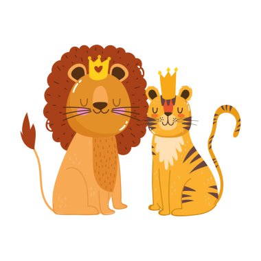 Tatlı hayvanlar aslan tacı ve kaplan doğası vahşi çizgi filmi