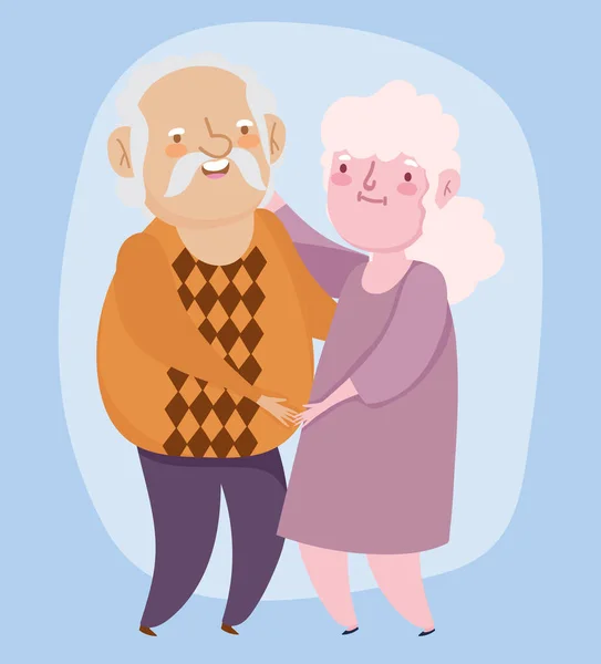 Feliz día de los abuelos, pareja de ancianos abrazando dibujos animados, personajes abuelo abuela — Vector de stock