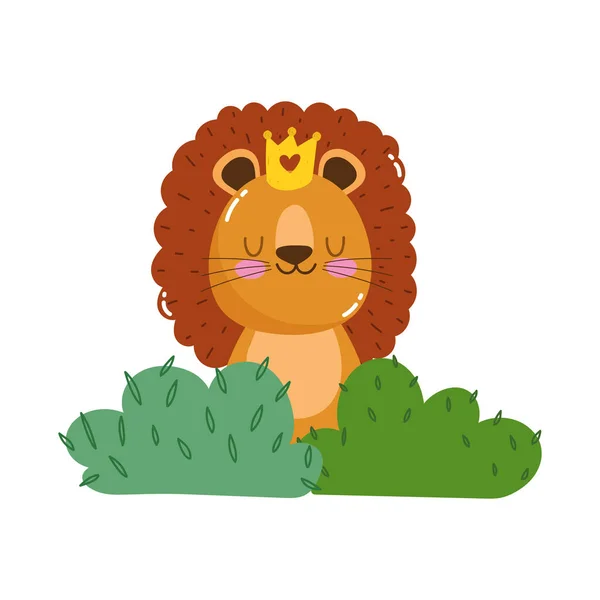 Roztomilý král lev s korunou zvíře tráva příroda divoký karikatura — Stockový vektor